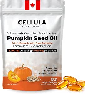CELLULA Pumpkin Seed Oil 3000 mg for Hair - 180 Vegan Softgels - Cold Pressed with Saw Palmetto - Essential Fatty Acids - Gluten Free - Non-GMO - Proudly Canadian