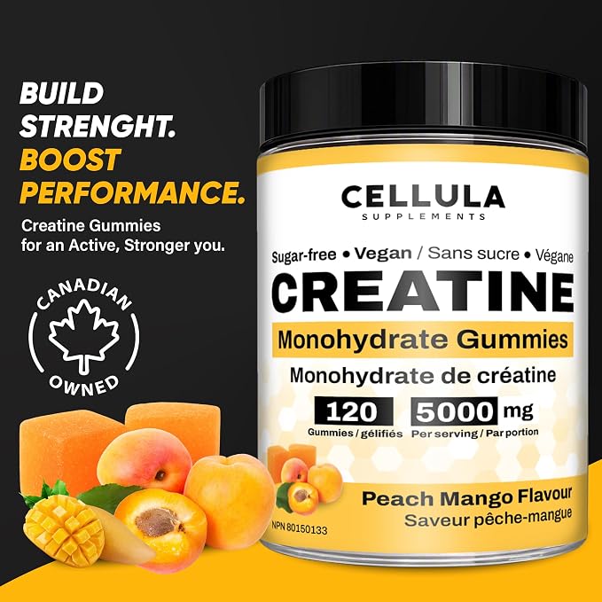 Creatine Gummies for Men & Women - 5000 mg Creatine per Serving - 120 Sugar-Free Gummies - Peach Mango Flavour - Proudly Canadian