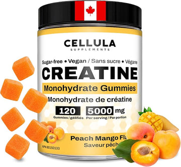 Creatine Gummies for Men & Women - 5000 mg Creatine per Serving - 120 Sugar-Free Gummies - Peach Mango Flavour - Proudly Canadian