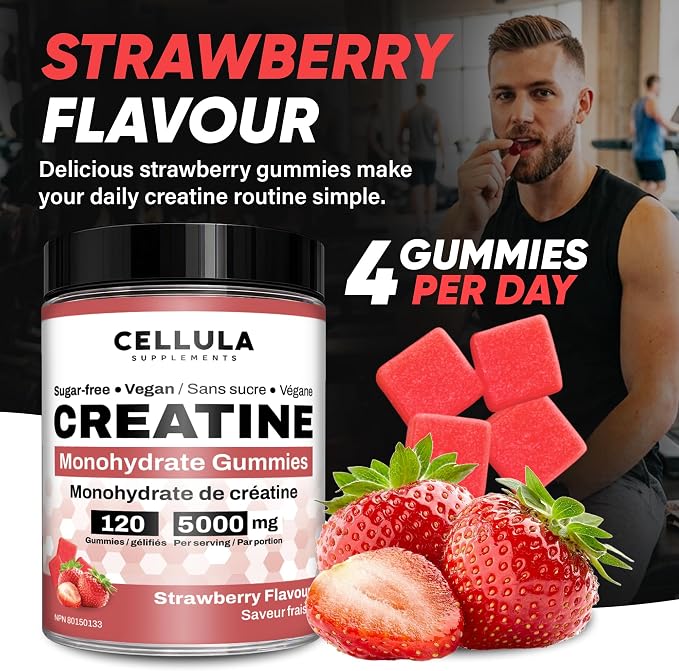 Creatine Gummies for Men & Women - 5000 mg Creatine per Serving - 120 Sugar-Free Gummies - Strawberry Flavour - Proudly Canadian